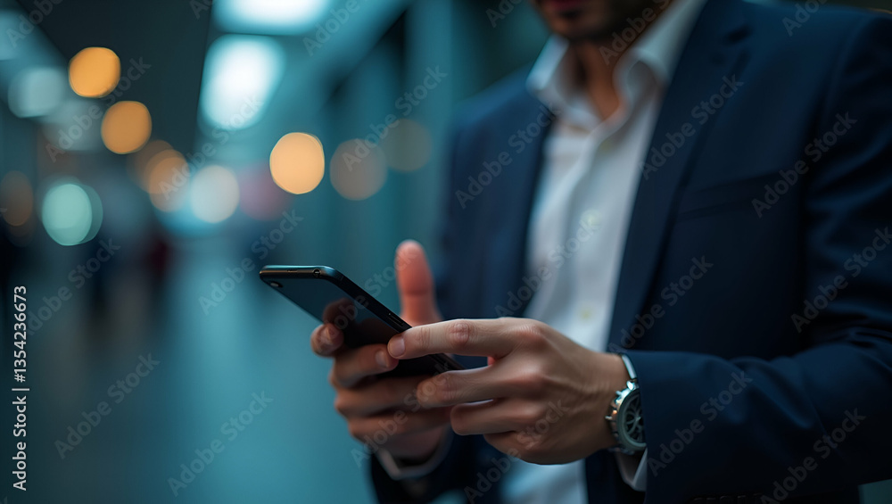 Poster man using smartphone to touch microphone icon for voice recording: mobile app for audio, music, and 