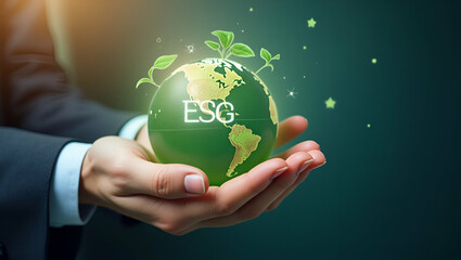 Businessmans hand holding green Earth with ESG icon symbolizing environmental social governance for sustainable organizational development and accounting for environment society and corporate governan