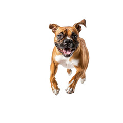 A lively boxer dog leaps in mid-air, showcasing its playful spirit against a transparent backdrop, radiating happiness and excitement.