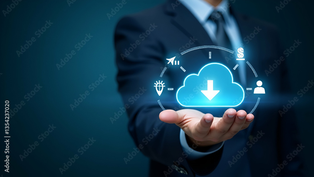 Poster businessman demonstrating cloud computing for data transfer concepts