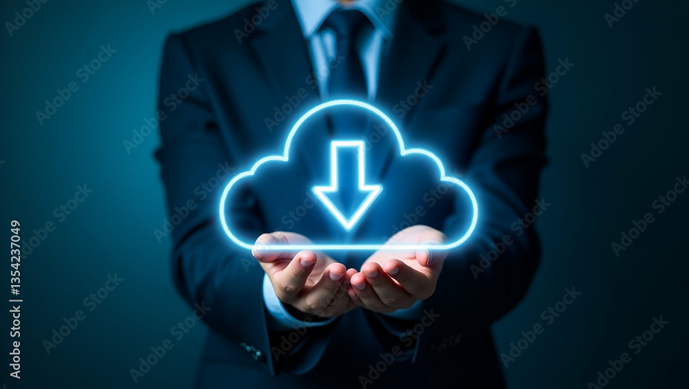 Poster businessman demonstrating virtual cloud computing for data transfer & transformation in stock photo
