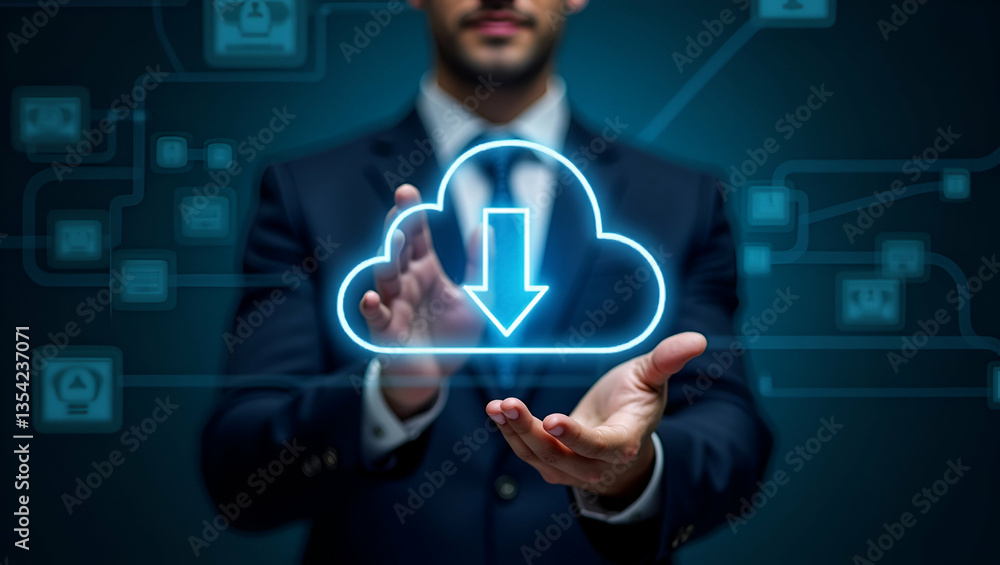 Poster businessman demonstrating cloud computing for data transfer concepts