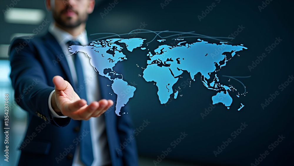 Poster businessman showcasing global network connections: big data analytics & business intelligence on wor