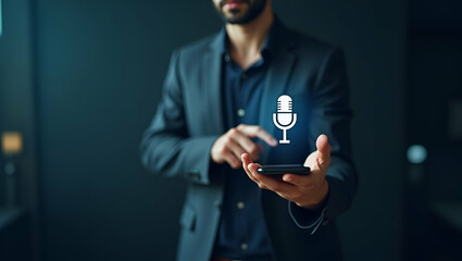 Man Using Smartphone to Touch Microphone Icon for Voice Recording: Mobile App for Audio, Music, and Voice Messages with AI Search Functionality - Stock Photo Concept with Empty Space