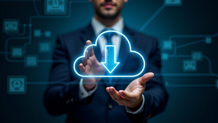 Businessman Demonstrating Cloud Computing for Data Transfer Concepts