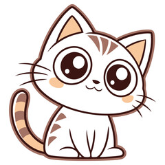 Cute White Cartoon Cat, Sitting, Big Eyes, Stripes, Whiskers, Adorable, Pet, Happy