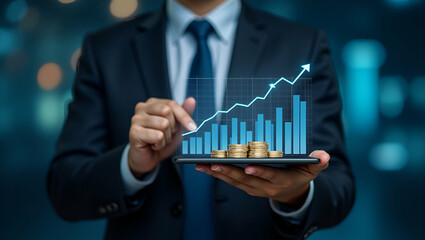 Investment and Finance: Businessman Analyzing Virtual Trading Graphs with Blurred Coins for Growth