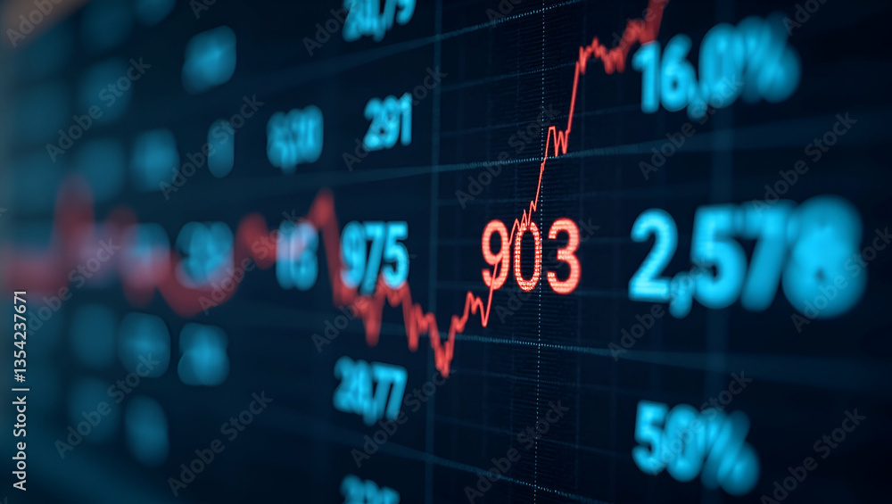 Poster bull market concept: a captivating view of an upward stock market ticker with fictional numbers and 