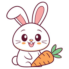 Cheerful White Bunny Rabbit Holding Orange Carrot, Isolated CartoonStyle