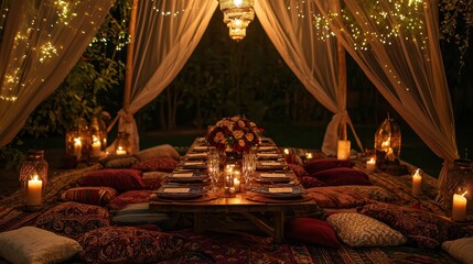 Fototapeta premium Cozy Tent Dinner with Rose Bouquet