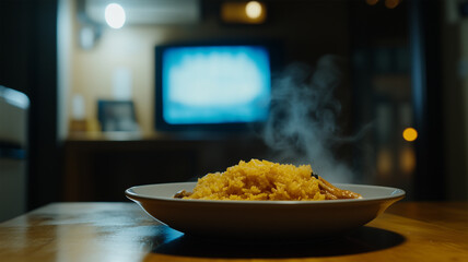 テレビの光に照らされた夜のひとりごはんとレトルトカレーの温もり