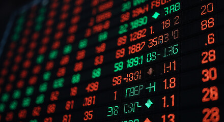 Electronic stock exchange board displaying numbers and stock variations, financial market data, real-time trading information, and investment trends analysis