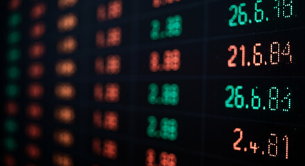 Electronic stock exchange board displaying numbers and stock variations, financial market data, real-time trading information, and investment trends analysis