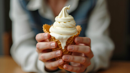Delicate Moments: Woman's Hands with Melting Ice Cream Cone