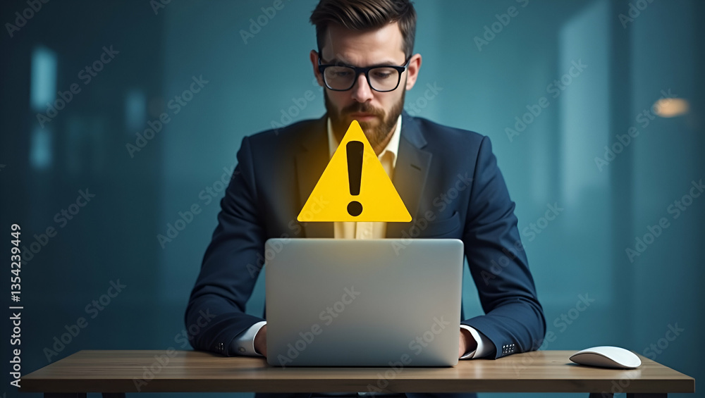 Aufkleber flat businessman or it staff programmer using laptop: triangle caution warning sign for notification