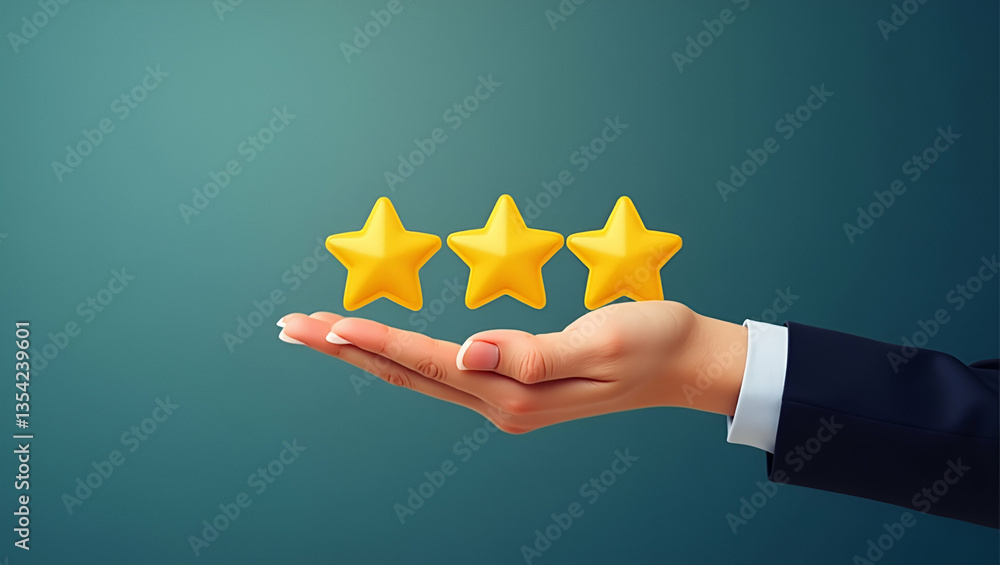 Poster flat vector illustration of clients hand displaying five star rating for top customer satisfaction