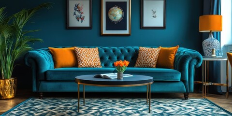 Luxury Living Room. Turquoise Elegance. Stylish Interior with Vibrant Turquoise Walls, Cozy Ambiance, and Modern Decor. Real Estate and Home Decor Concept with Copy Space.