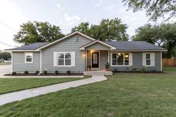 A gray ranch style model Hedges around modern house