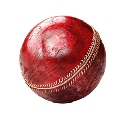 A red and white baseball with a brown leather band