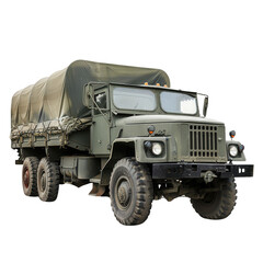 A large green military truck with a large green cover on top