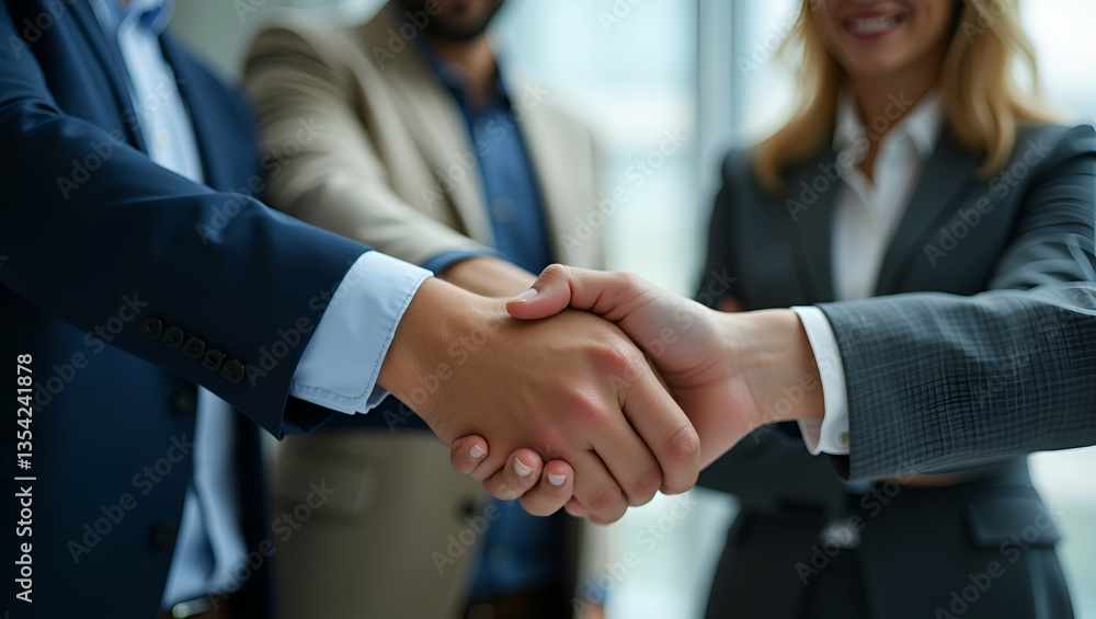 Poster Close-Up of Business Team Hands Joining Together: Symbolizing Unity and Collaboration in a Corporate Environment - Stock Photo with Space for Text