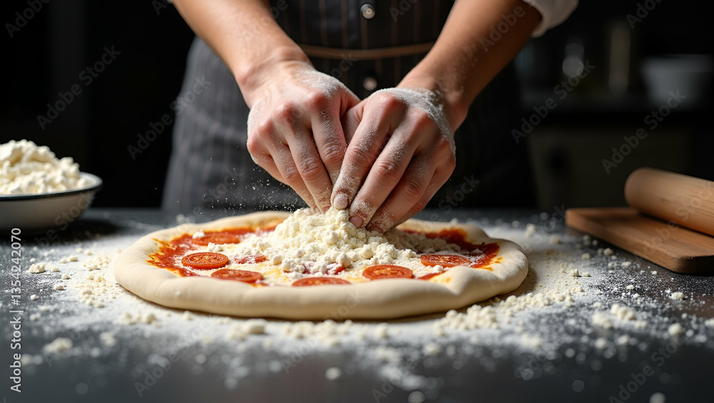 Poster Hands in Flour: Captivating Culinary Activities of Pizza Making on Black Background - Stock Photo Concept with Empty Space for Creative Use