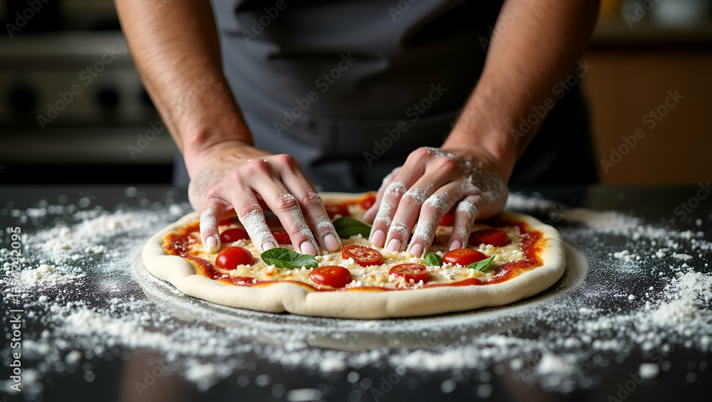 Poster Hands in Flour: Captivating Culinary Activities of Pizza Making on Black Background - Stock Photo Concept with Empty Space for Creative Use