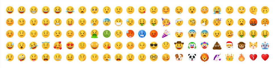 Funny cartoon yellow emoji and emotions icon collection. Mood and facial emotion icons. Crying, smile, laughing, joyful, sad, angry and happy faces, emoticons vector set 10 eps.