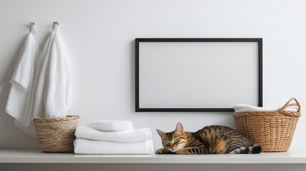 A modern, minimalist bathroom mockup features a black frame on a white wall, hand towels in a basket, and a sleeping tabby cat on the counter, showcasing artwork in a warm, inviting space