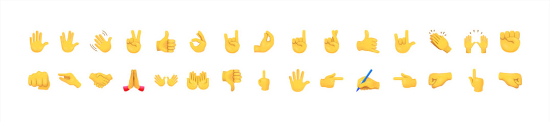 All hand emojis, stickers in all skin colors. Hand emoticons vector illustration symbols set, collection. Hands, handshakes, muscle, finger, fist, direction, like, unlike, fingers. Vector 10 eps.
