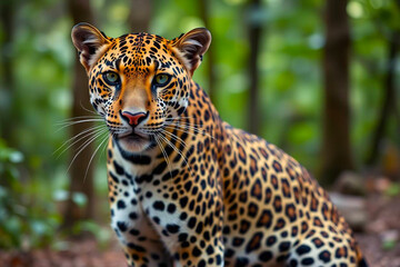 Obraz premium Fierce Angry Leopard with Sharp Focus, Displaying Its Intense Gaze Against a Blurred Bokeh Background, Vibrant Wallpaper