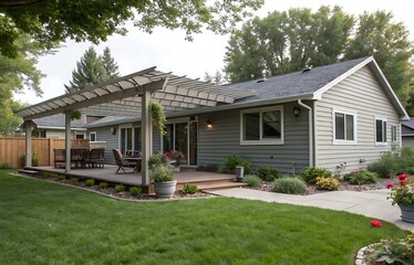 A gray ranch style model Hedges around modern house