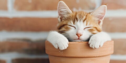 Cats retract their claws while sleeping. A cute cat relaxing in a flower pot with its paws resting on the rim.