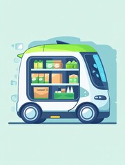 Fototapeta premium Futuristic eco-friendly delivery car transports grocery orders in a vibrant, modern style set in a bright urban environment