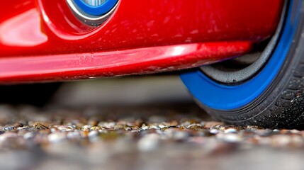 Fototapeta premium Red Car Fender and Blue Wheel Close Up with Wet Surface on Gravel