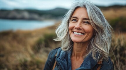 portrait of joyful senior woman laughing at seaside with ocean horizon in background representing carefree lifestyle relaxing summer holiday and nature beauty in coastal setting