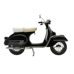 A black scooter with a white seat and a white handlebar