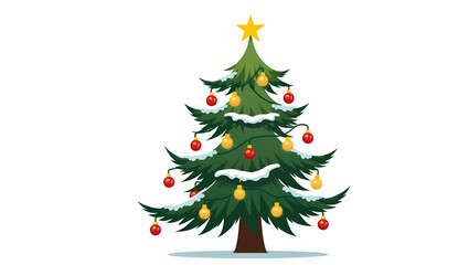 Flat Vector Illustration of a Christmas Tree with Lights, Stars, and Snow on Leaves - Festive Design