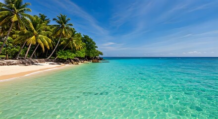 Fototapeta premium A tropical beach with crystal-clear turquoise waters and palm trees swaying in the breeze, Ai Generated