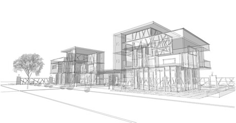  modern townhouse sketch 3d illustration