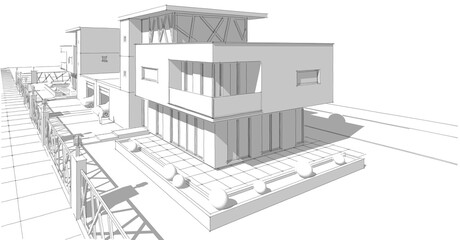  modern townhouse sketch 3d illustration