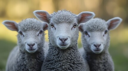 Obraz premium Three Curious Sheep with Fluffy Wool in Soft Natural Light against a Blurred Background of Greenery