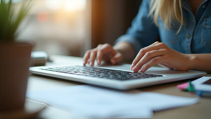 Flat Woman Hands Working on Laptop: A Cute Vector Illustration of Professional Productivity and Business Reports