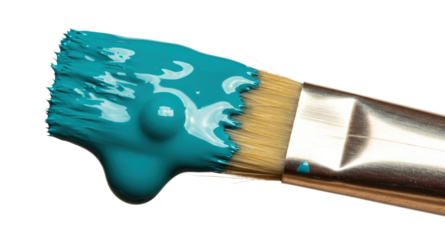 A brush coated with bright teal paint drips on a transparent background.