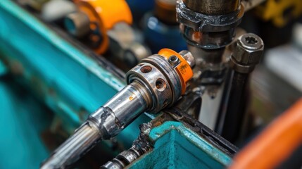Fototapeta premium Close-up View of Industrial Machine Part: Detailed Image of a Complex Mechanical Component