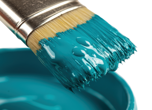 Brush dipped in vibrant blue paint with droplets ready for a creative project on a transparent background.