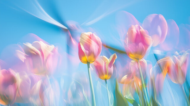 ゆれるチューリップと回る風車が描く春のリズム