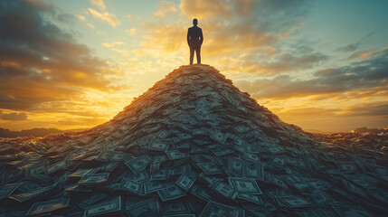 Gigantic pile of money in the shape of a mountain with a man on top
