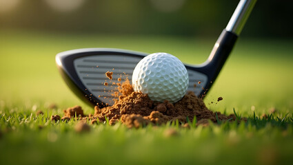 Dynamic Action Shot of a Golf Club Striking the Ball: Capturing the Moment with Grass and Dirt Flying - Perfect for Stock Photography with Left Space for Text