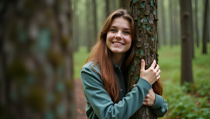 Young Woman Hugging a Tree in the Forest: A Symbol of Love for Nature and Protection Against Deforestation, Pollution, and Climate Change - Stock Photo Concept